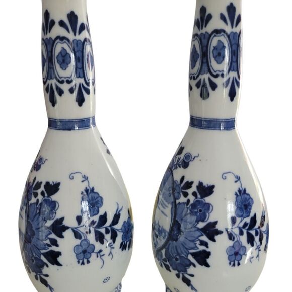 Vintage Delft set of 11" Dutch vases, ship in harbor, ceramic vases - Picture 5 of 8